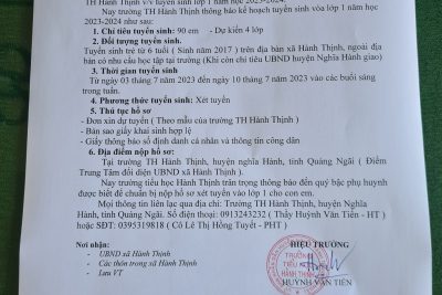 TRƯỜNG TIỂU HỌC HÀNH THỊNH THÔNG BÁO KẾ HOẠCH TUYỂN SINH VÀO LỚP 1 NĂM HỌC 2023 – 2024
